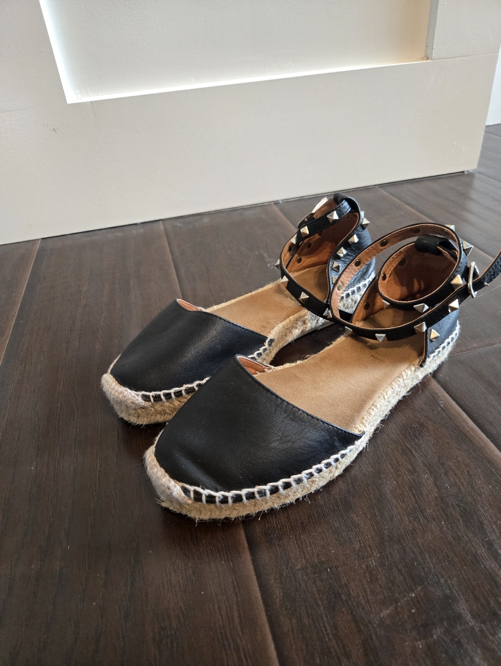 Black and Gold Studded Espadrilles, Size 37 (US 6.5-7), Anckle Wrap
